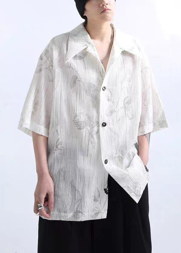 New White Wrinkled Print Cotton Shirts Half Sleeve