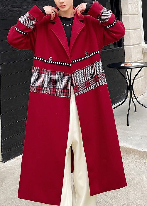 New Wine Red Notched Patchwork Woolen Coat Winter