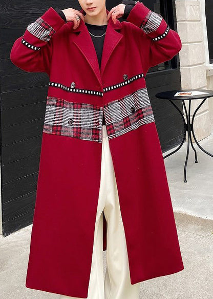 New Wine Red Notched Patchwork Woolen Coat Winter