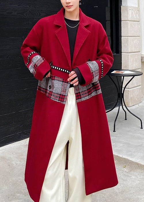 New Wine Red Notched Patchwork Woolen Coat Winter
