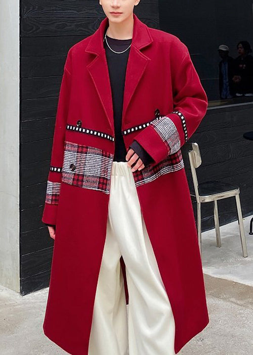 New Wine Red Notched Patchwork Woolen Coat Winter