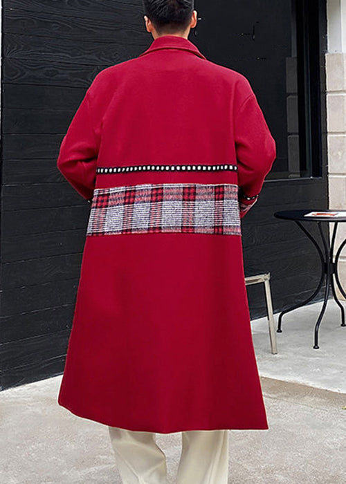 New Wine Red Notched Patchwork Woolen Coat Winter