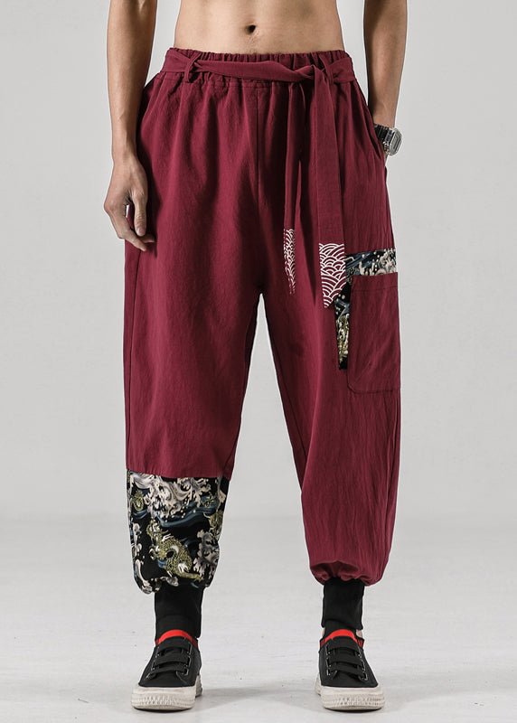 New Wine Red Pockets Elastic Waist Cotton Summer Harem Pants