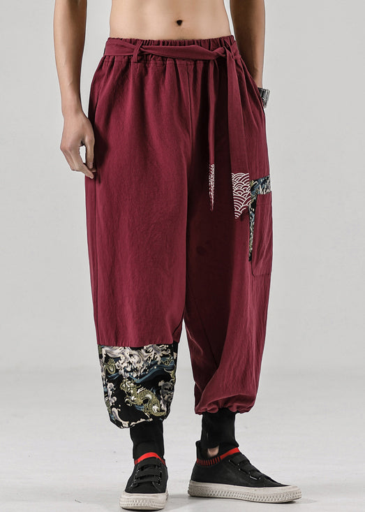 New Wine Red Pockets Elastic Waist Cotton Summer Harem Pants