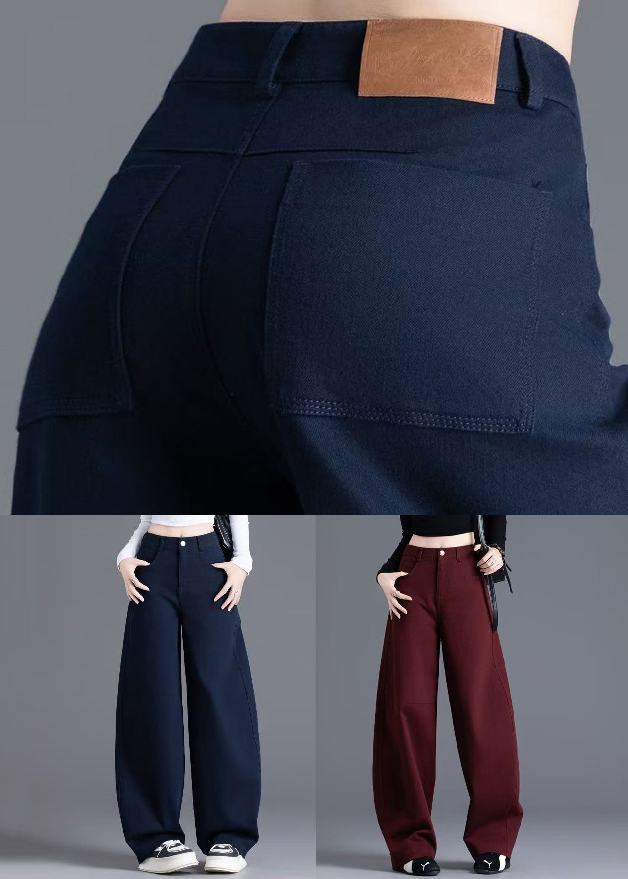 New Wine Red Pockets High Waist Denim Pants Spring