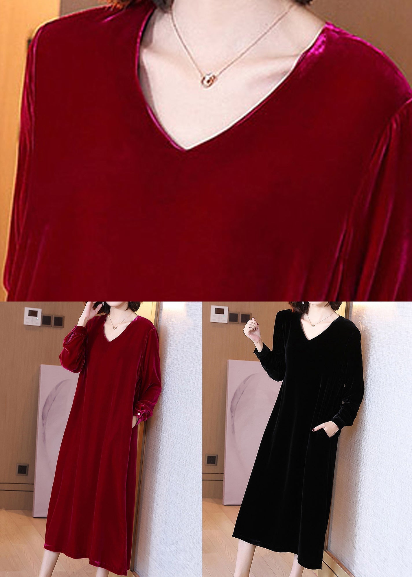 New Wine Red Pockets Silk Velour Dress Long Sleeve