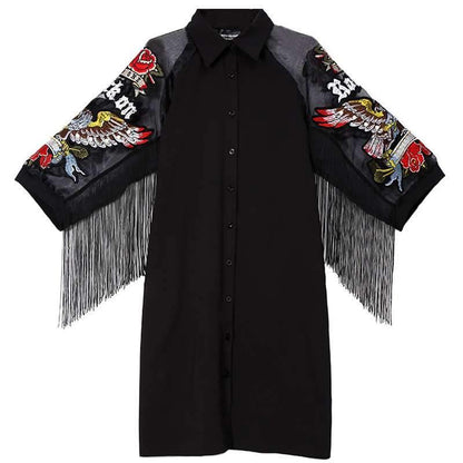 New Woman Black Shirt Embroidery Fringe Dress