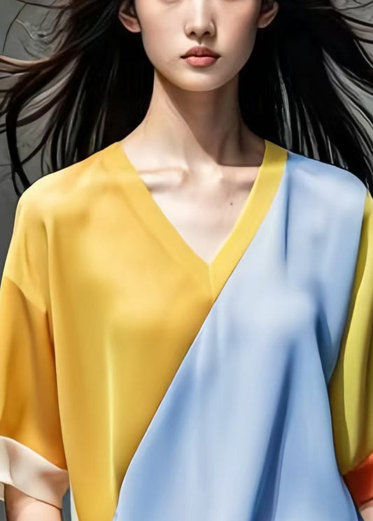 New Yellow V Neck Patchwork Silk Tops Half Sleeve