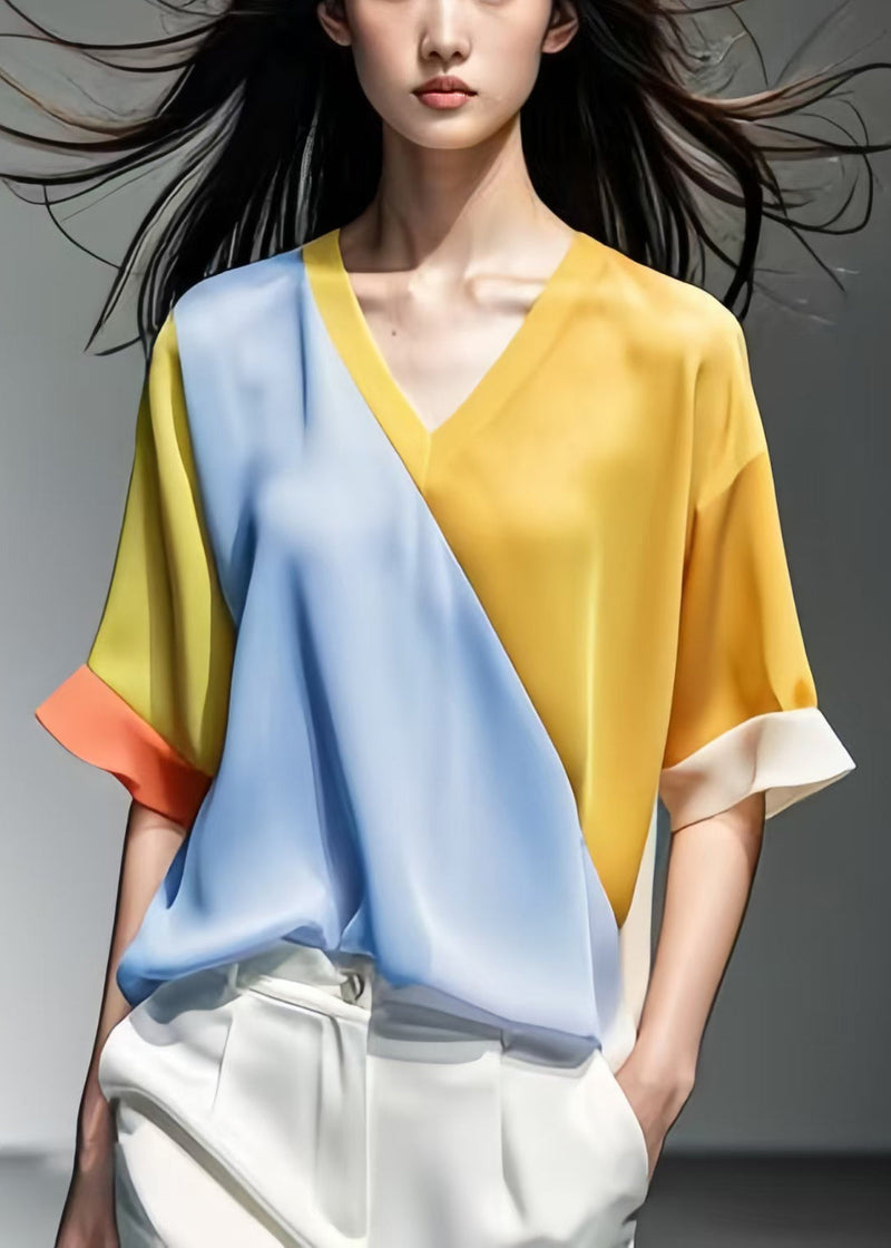 New Yellow V Neck Patchwork Silk Tops Half Sleeve