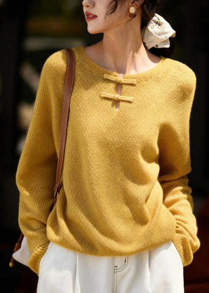 New Yellow Button Thick Cotton Knit Sweater Spring