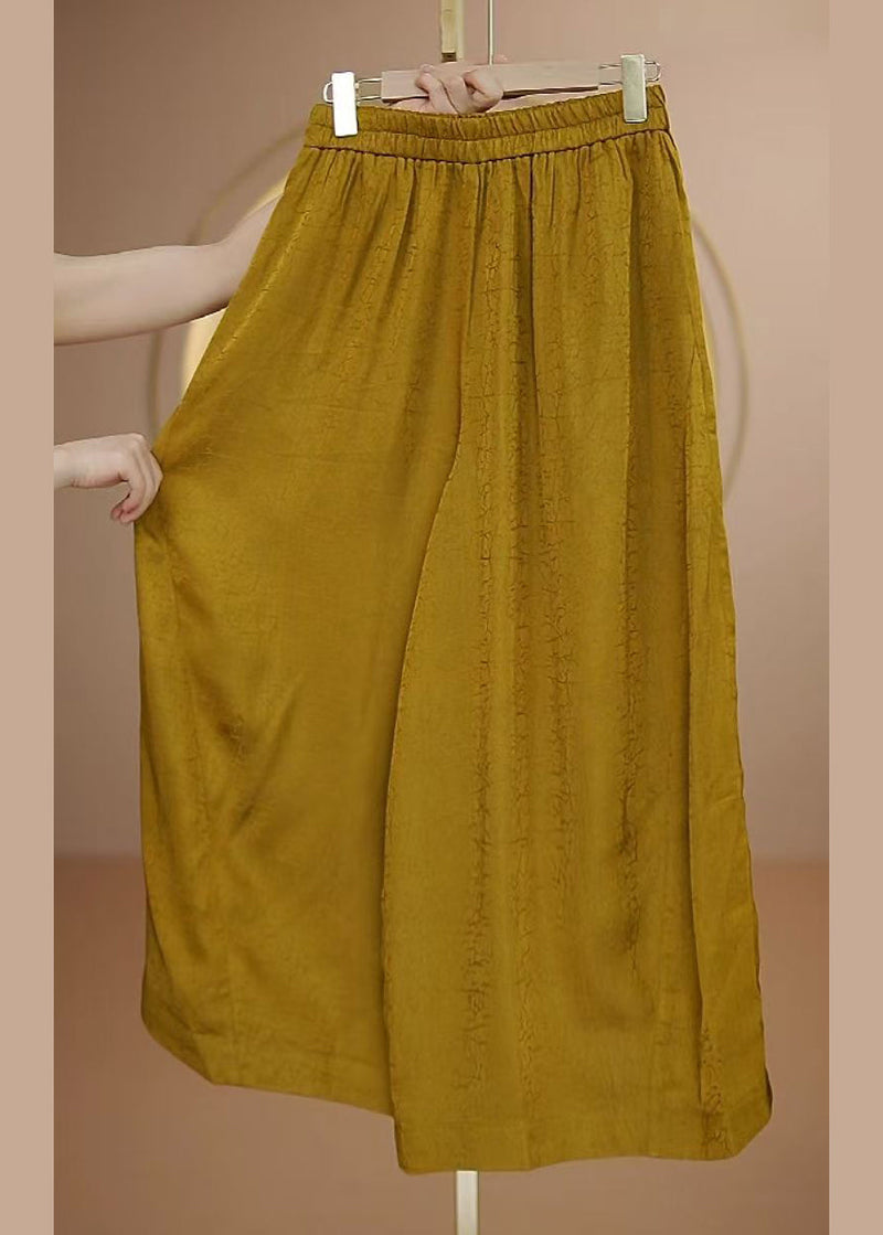 New Yellow Elastic Waist Silk Wide Leg Pants Fall