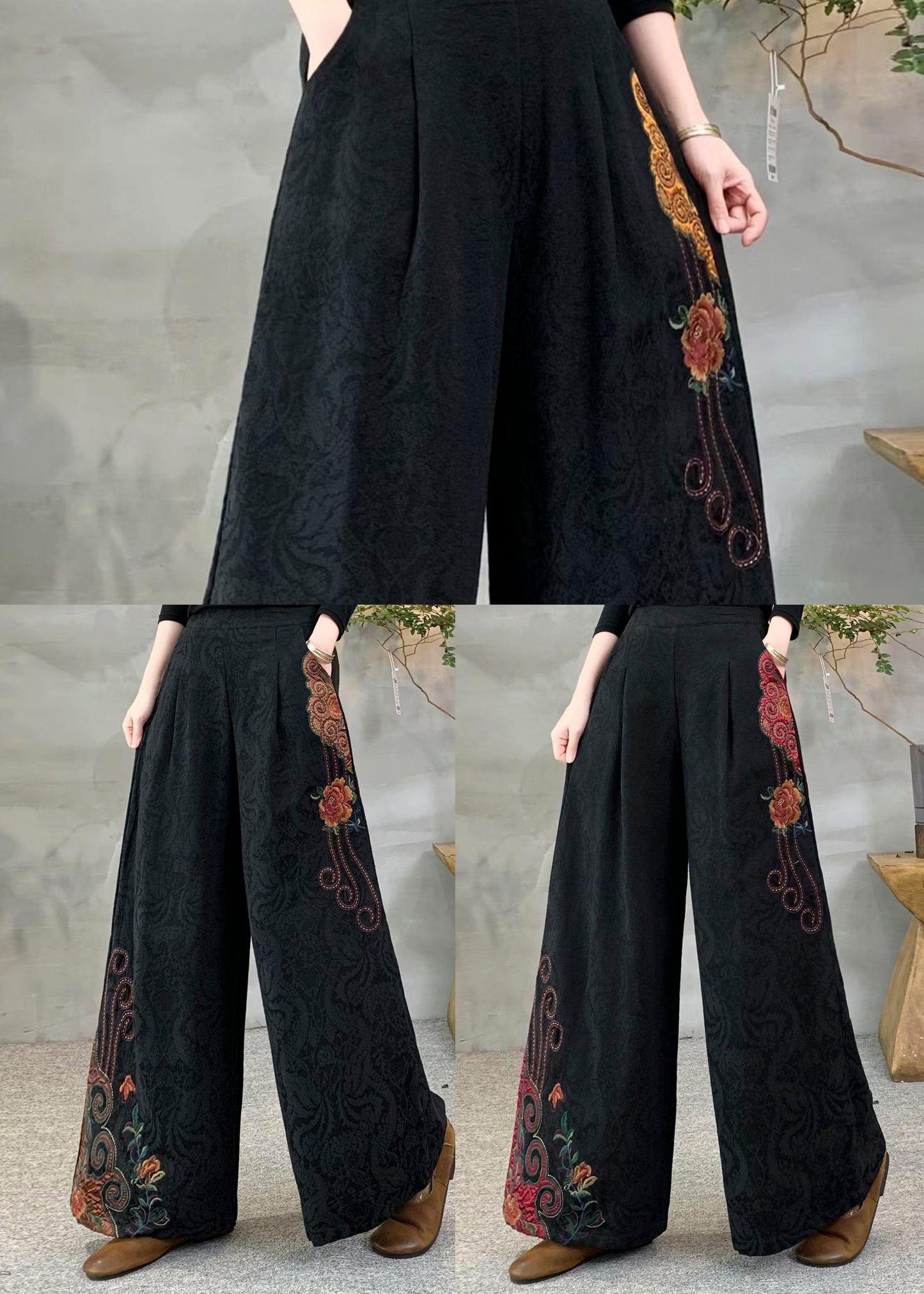 New Yellow Embroidered Pockets Warm Fleece Pants Winter