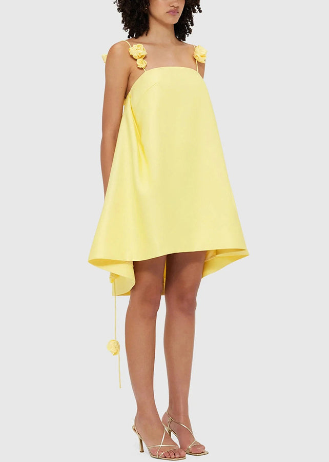 New Yellow Flower Decorated Vacation Dress