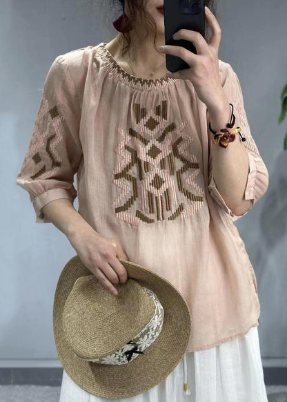 New Yellow O-neck Embroideried Patchwork Cotton T Shirt Half Sleeve