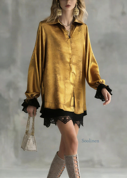 New Yellow Peter Pan Collar Lace Patchwork Silk Top Spring
