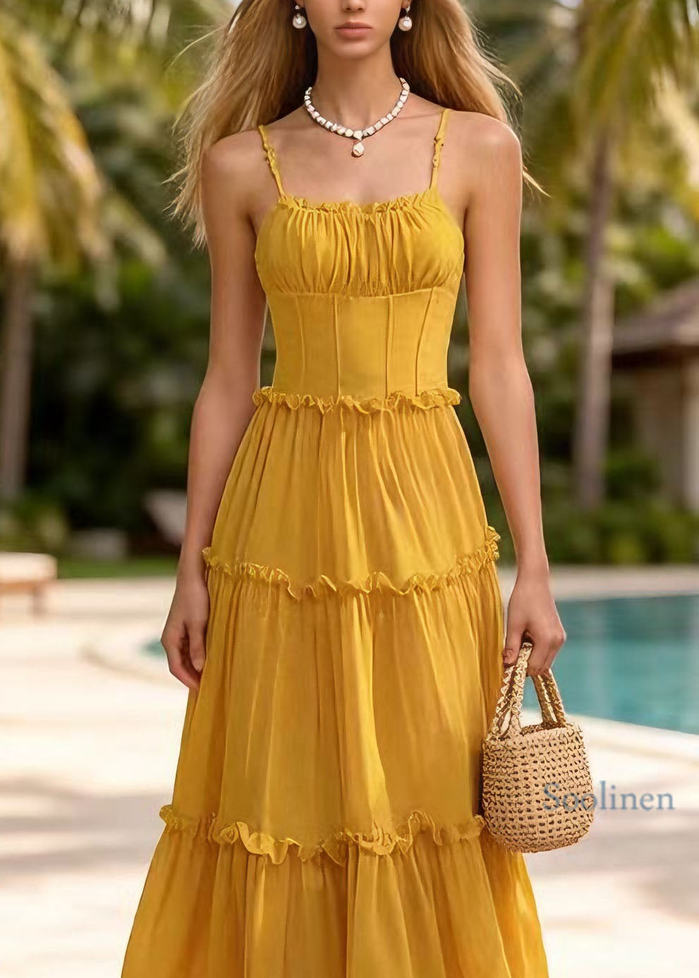 New Yellow Ruffled Patchwork Chiffon Spaghetti Strap Dress Summer