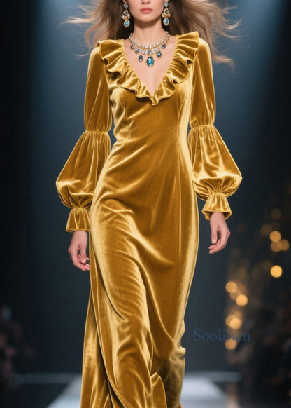 New Yellow Ruffled Patchwork Velvet Maxi Dresses Spring