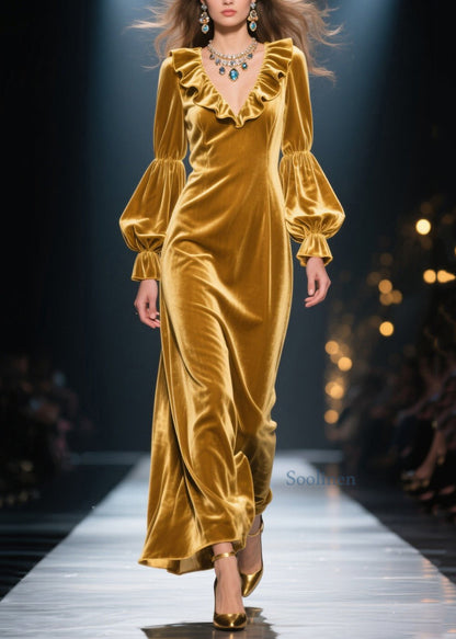 New Yellow Ruffled Patchwork Velvet Maxi Dresses Spring