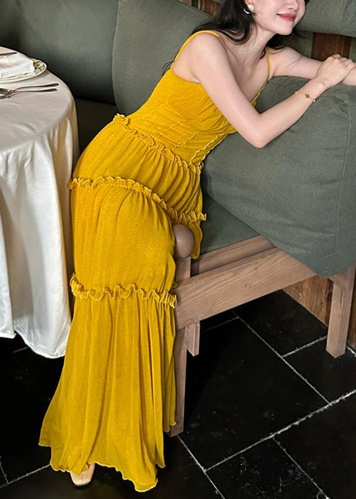 New Yellow Ruffled Cotton Spaghetti Strap Dress Sleeveless