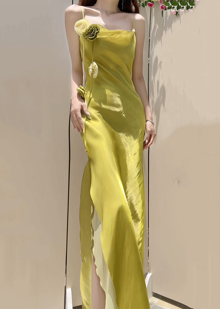 New Yellow Side Open Silk Spaghetti Strap Dress Sleeveless