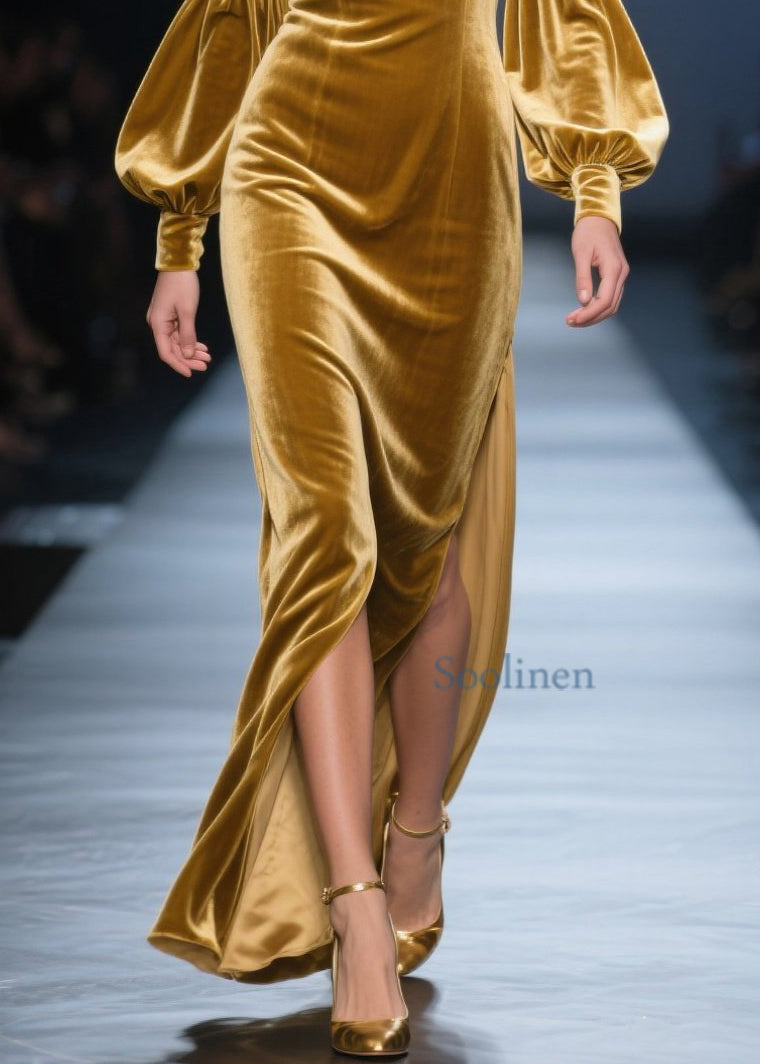 New Yellow Square Collar Side Open Velvet Maxi Dresses Spring