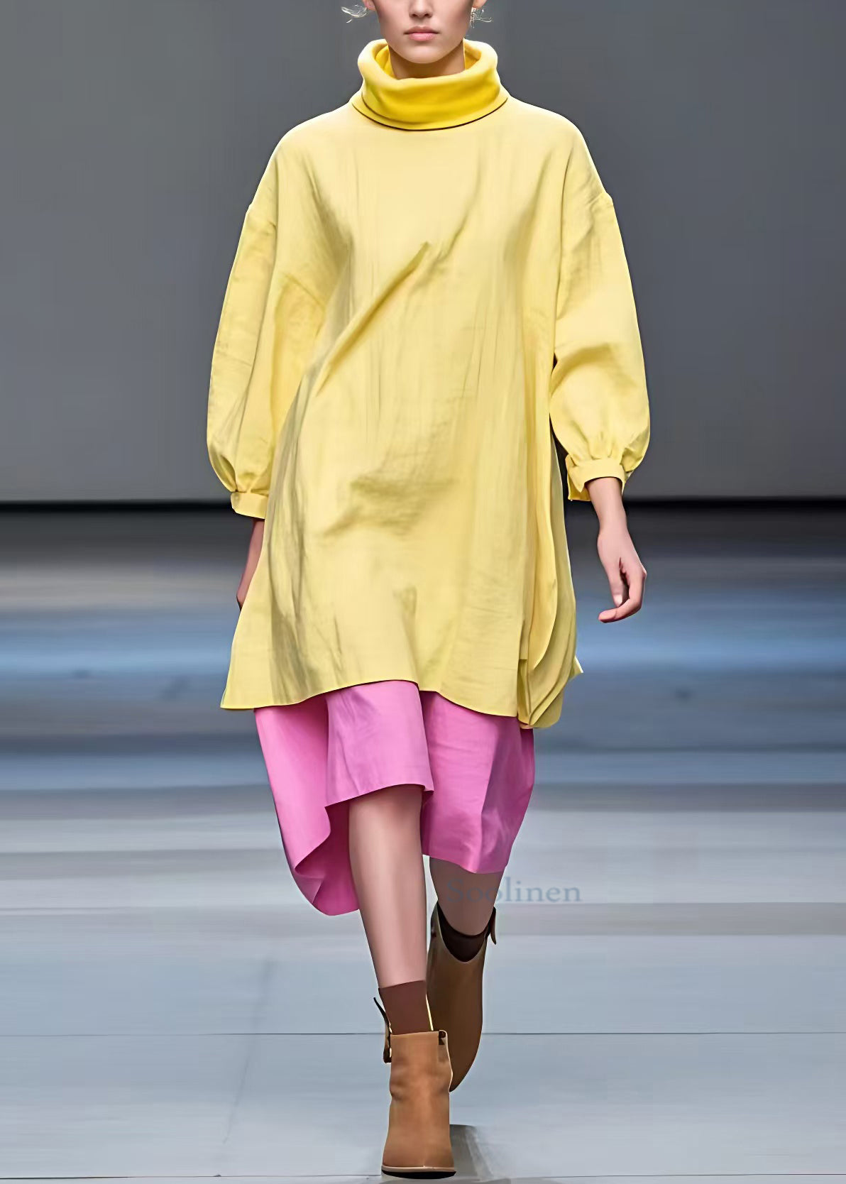 New Yellow Turtleneck Patchwork Cotton Dress Fall