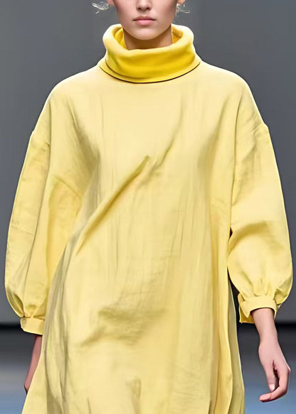 New Yellow Turtleneck Patchwork Cotton Dress Fall