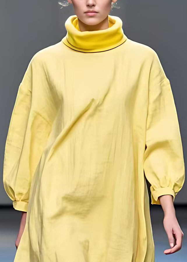 New Yellow Turtleneck Patchwork Cotton Dress Fall