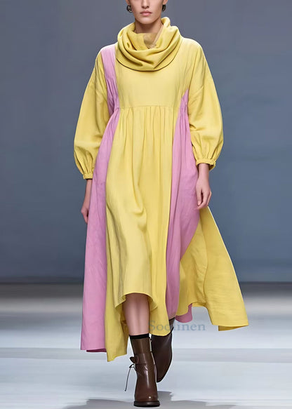 New Yellow Turtleneck Patchwork Cotton Long Dress Fall