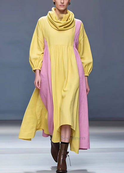 New Yellow Turtleneck Patchwork Cotton Long Dress Fall
