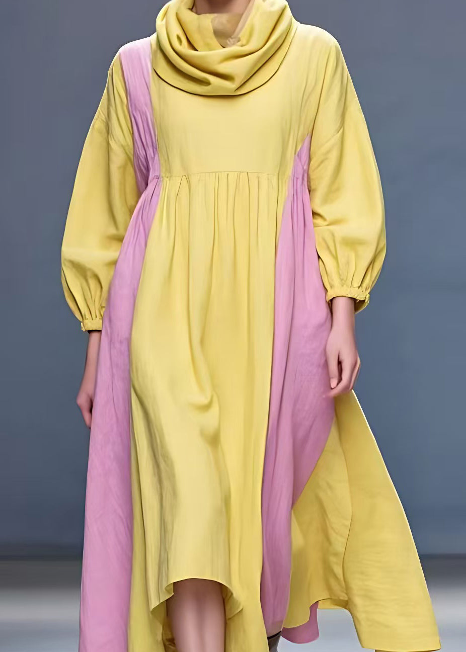 New Yellow Turtleneck Patchwork Cotton Long Dress Fall