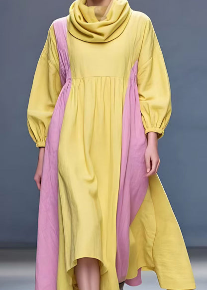 New Yellow Turtleneck Patchwork Cotton Long Dress Fall