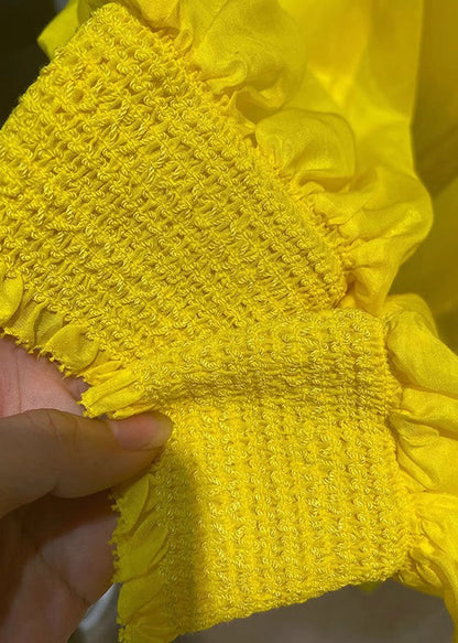 New Yellow V Neck Lace Up Cotton Mini Dress Spring