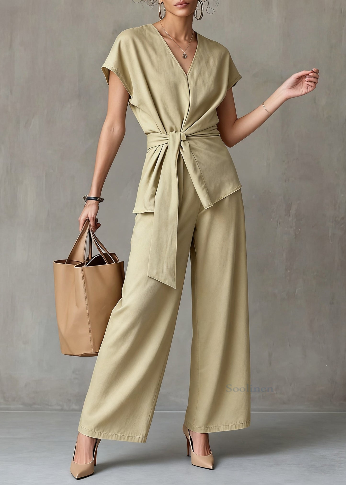 New Yellow V Neck Tie Waist Tops and Wide Leg Pants Linen Two Pieces Set Summer