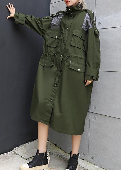 New Army Green Overcoat Long Lapel Drawstring Coats