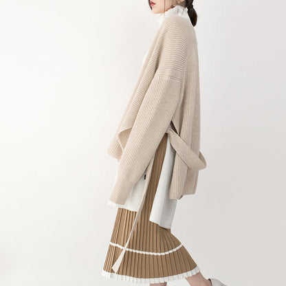 New Beige Winter Sweater V Neck Tie Waist Knit Sweat Tops Top