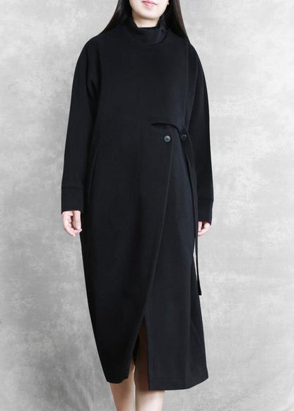 New Black Coat Stand Collar Asymmetric Long Coat Woolen Outwear