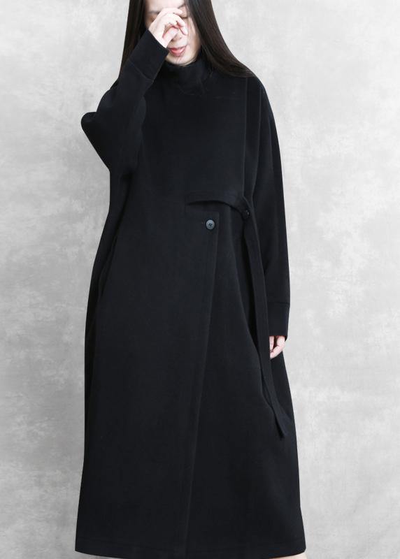 New Black Coat Stand Collar Asymmetric Long Coat Woolen Outwear
