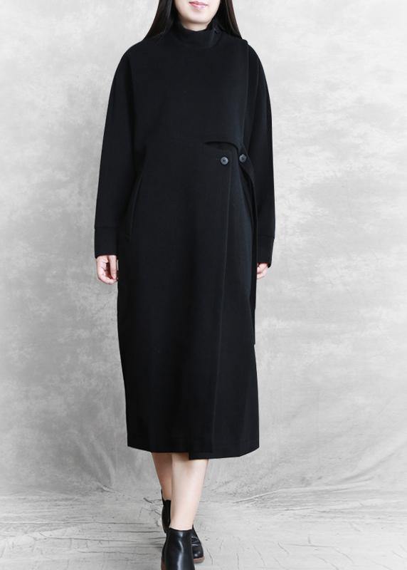 New Black Coat Stand Collar Asymmetric Long Coat Woolen Outwear