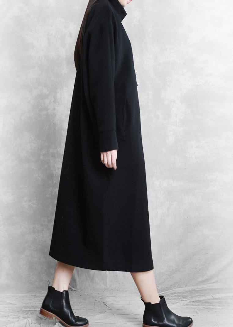 New Black Coat Stand Collar Asymmetric Long Coat Woolen Outwear