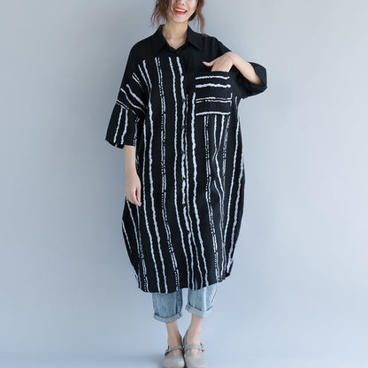 New Black Midi-length Cotton Dress Traveling Dress Bracelet Sleeved Patchwork Turn-down Collar Striped Cotton Dresses