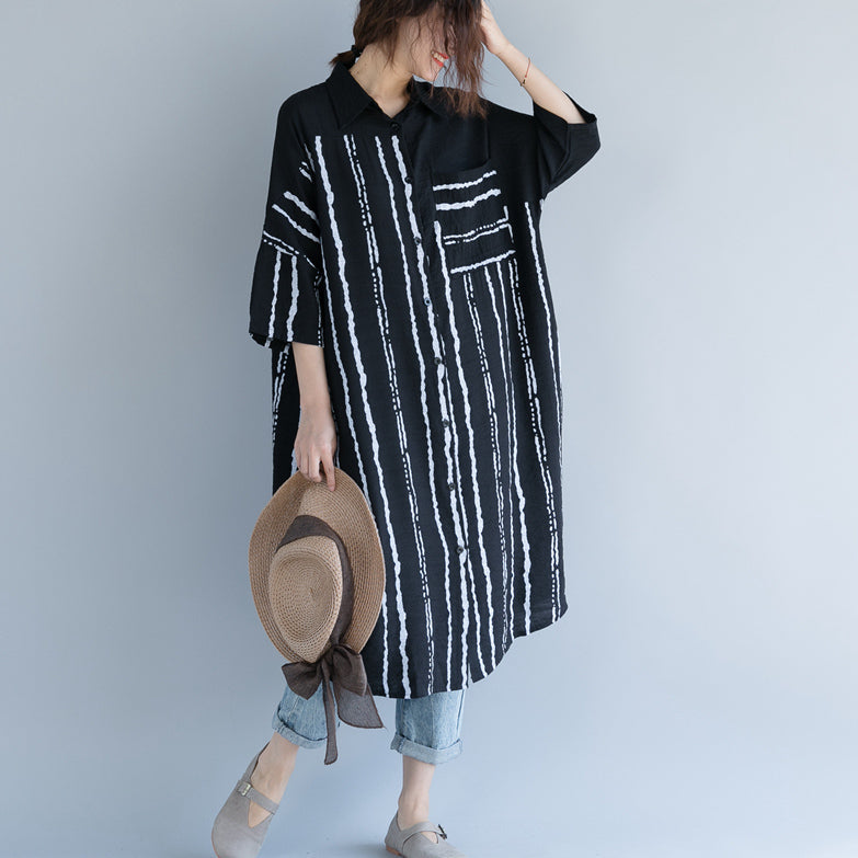 New Black Midi-length Cotton Dress Traveling Dress Bracelet Sleeved Patchwork Turn-down Collar Striped Cotton Dresses