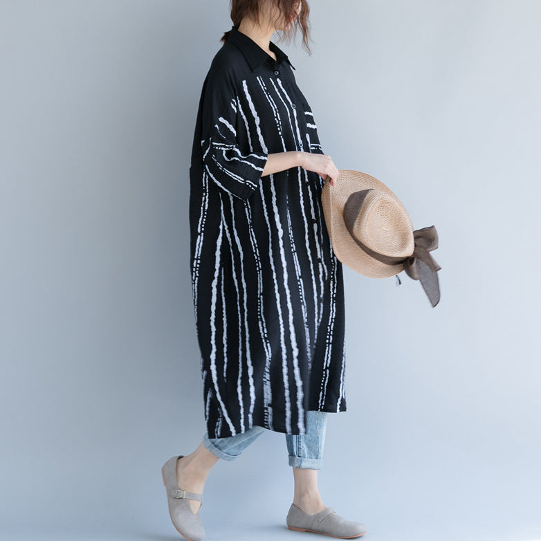 New Black Midi-length Cotton Dress Traveling Dress Bracelet Sleeved Patchwork Turn-down Collar Striped Cotton Dresses