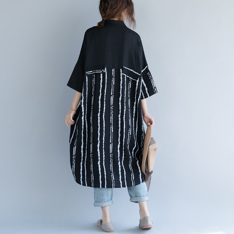 New Black Midi-length Cotton Dress Traveling Dress Bracelet Sleeved Patchwork Turn-down Collar Striped Cotton Dresses
