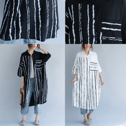 New Black Midi-length Cotton Dress Traveling Dress Bracelet Sleeved Patchwork Turn-down Collar Striped Cotton Dresses