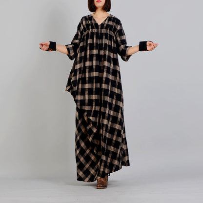 New Black Plaid Loose Fitting V Neck Cotton Linen Gown Asymmetrical Design Kaftans