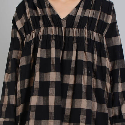 New Black Plaid Loose Fitting V Neck Cotton Linen Gown Asymmetrical Design Kaftans
