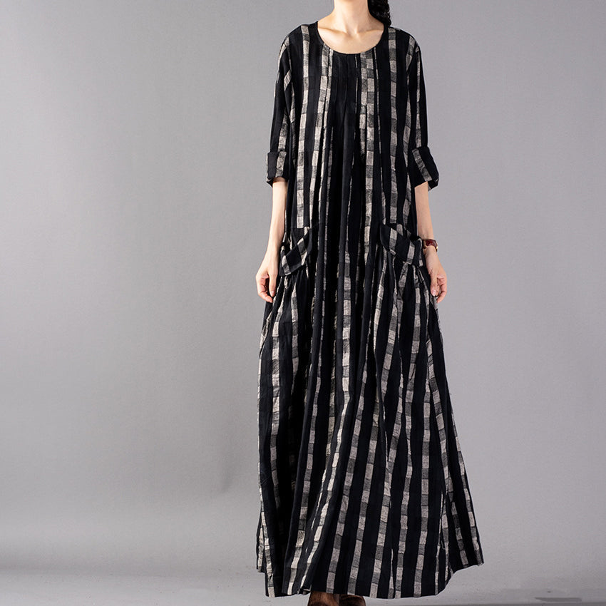 New Black Plaid Clothing O Neck Baggy Fall Dresses Pockets Maxi Dresses