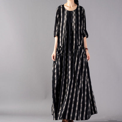 New Black Plaid Clothing O Neck Baggy Fall Dresses Pockets Maxi Dresses