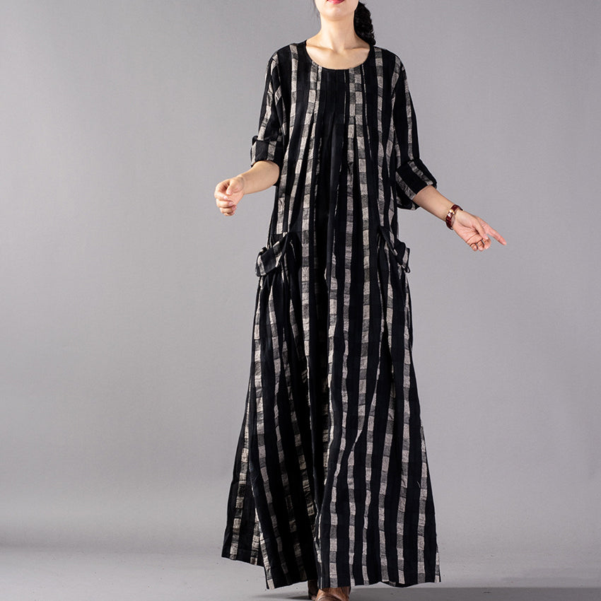 New Black Plaid Clothing O Neck Baggy Fall Dresses Pockets Maxi Dresses